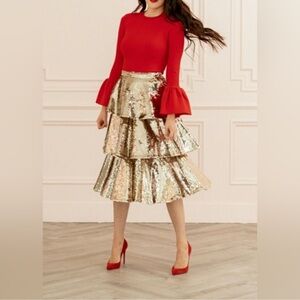 LIKE NEW Rachel Parcell Gold Sequin Tiered Midi Skirt